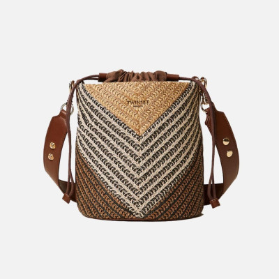 Borsa donna secchiello rotondo jacquard in rafia Twinset Multicolor Straw