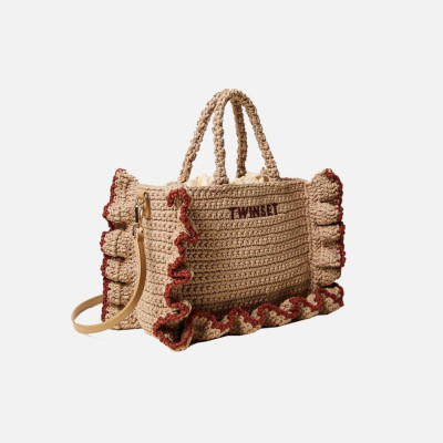 Borsa donna due manici con tracolla crochet con balze Twinset Bic Rope/Brown Henna